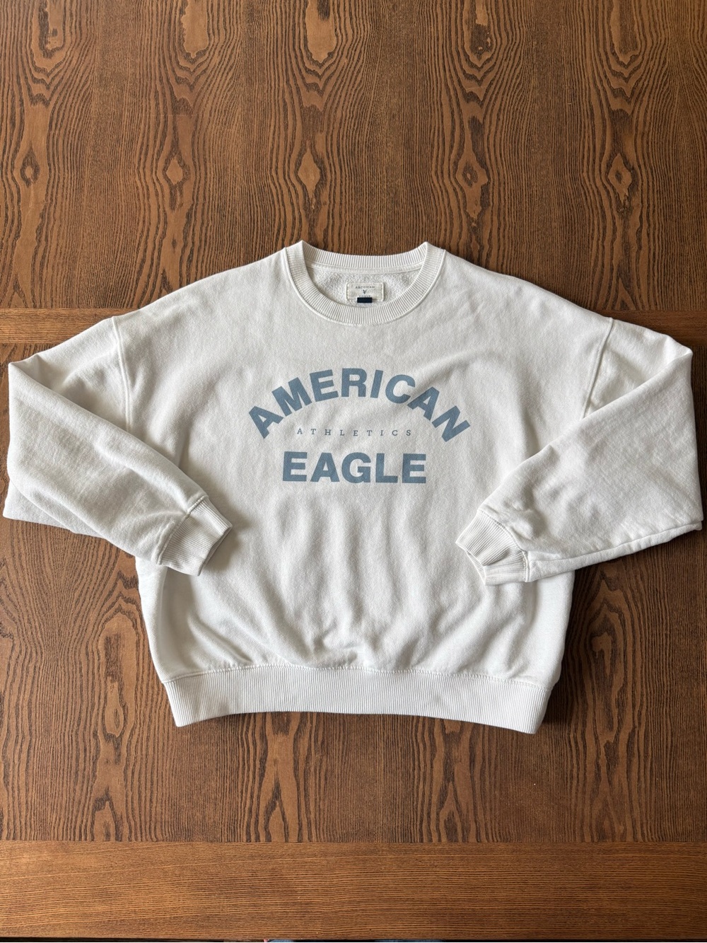 American Eagle Outfitters White Crewneck Sweatshirt with Light Blue Logo Print